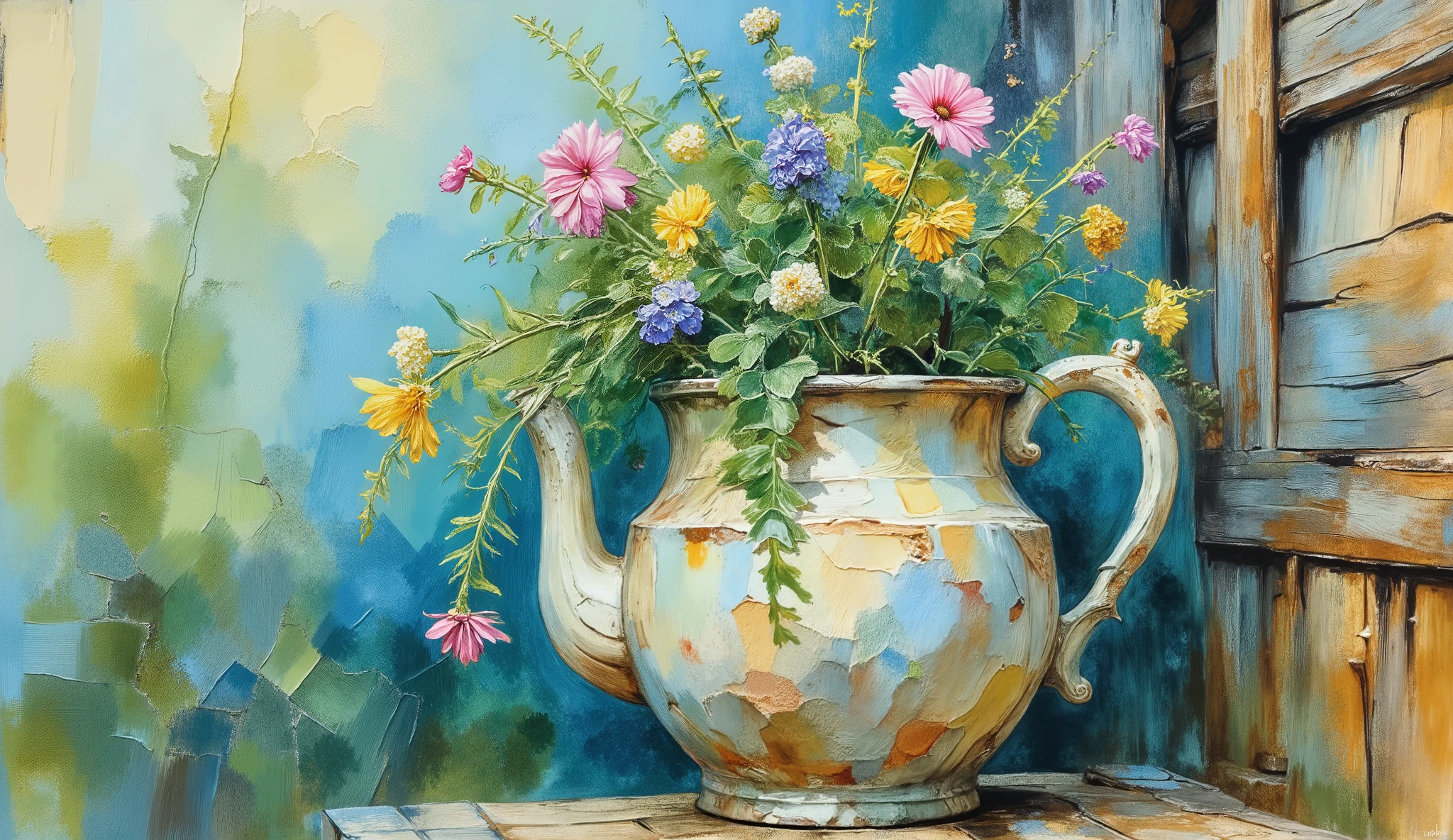 a watercolor of a repurposed teapot planter by Winslow Homer, teapot with open top sprouting lush ferns and meadow flowers, prominent bloom extending from the spout, hanging in a wrought iron plant holder on a home's exterior wall, cool blue-green palette, misty morning light, tranquil outdoor ambiance --v 5 --stylize 1000