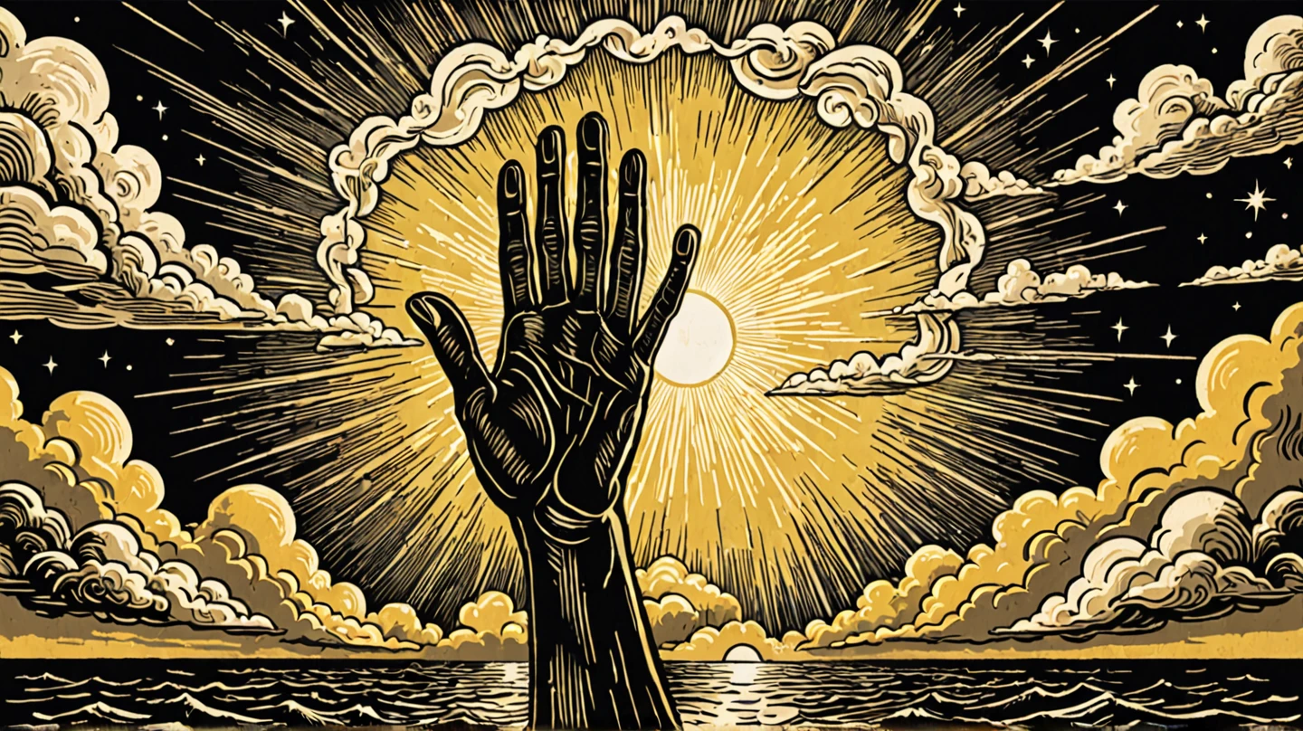 Create a rustic woodcut style image digital art surreal, using only black, beige and yellow colors. CREATE THE HAND OF GOD COMING OUT OF THE CLOUDS by touching a PERSON PRAYING with a lot of light