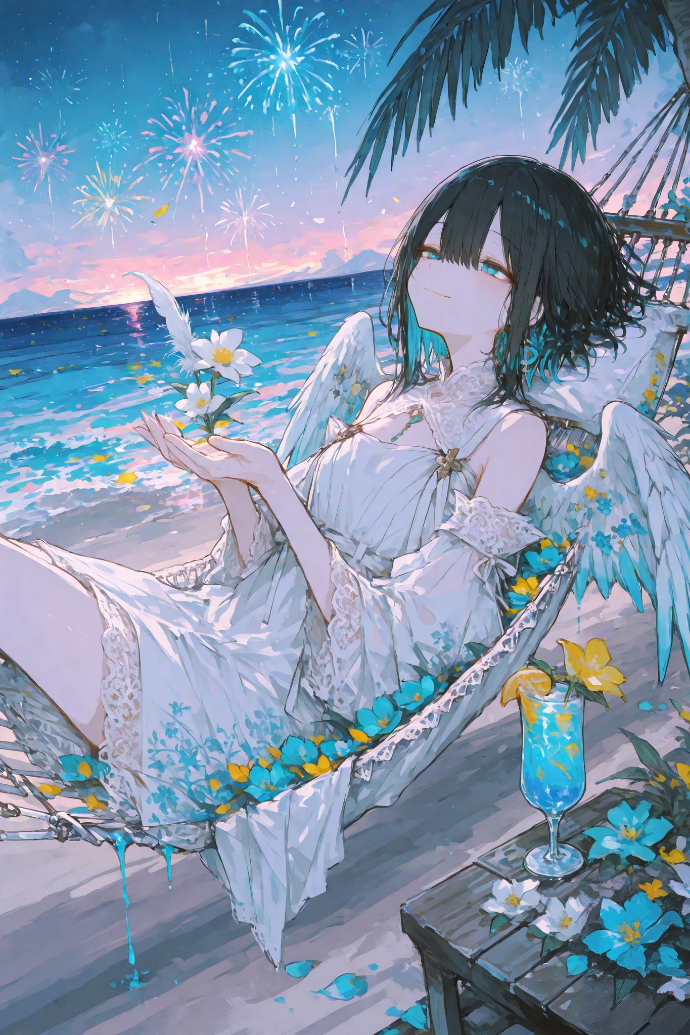 masterpiece, best quality, ultra-detailed, a graceful woman with angelic wings lounging on a hammock, her elegant white dress adorned with lace and floral accents, she holds a delicate cocktail glass in her hand, the drink is vibrant, filled with colorful flowers and a glowing blue liquid, her expression is serene yet playful, a subtle smile gracing her lips, as she glances off to the side, her wings are partially open, showcasing their soft feathers that reflect the gentle moonlight, the background is a tropical night scene, palm fronds sway gently around her, while vivid, blooming flowers frame the hammock, in the distance, fireworks burst in vibrant colors, casting a warm glow across the ocean waves, the sky is dark but filled with stars, adding a sense of romance and enchantment to the scene, her posture is relaxed and inviting, as if she is enjoying a peaceful evening, the combination of the serene environment and her graceful demeanor gives the image a dreamlike, idyllic feeling, the gentle breeze causes the hem of her dress to flutter, and petals seem to float around her, enhancing the sense of tranquility and charm, the overall atmosphere is a mix of elegance, relaxation, and a hint of celebration, as if she is enjoying a perfect tropical night under the stars.