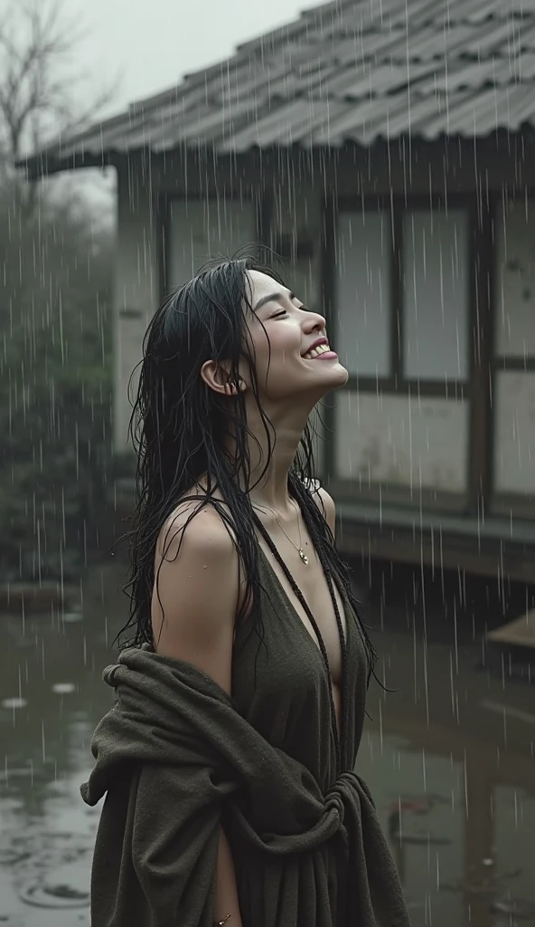 ((Completely naked:1.4))、She looks up at the sky where heavy rain is falling、彼女は傘がないのでwhole bodyが雨で濡れている、My hair got wet in the heavy rain, 顔 Soaking wet.　Rain-Soaking wet face or dripping water　masterpiece、超High resolution、well done!、She has a very pretty face and looks young like an idol..々Stylish.18 year old Japanese female、Gentle and cute、A gentle smile wet with rain、 Showing off cleavage.、Breathe rain　Soaking wet　In the heavy rain、Looking up at the rainy sky on a big city sidewalk at midday.　large size bust、whole body、artistic、RAW Photos、Genuine、High resolution、Life、No copyright notice