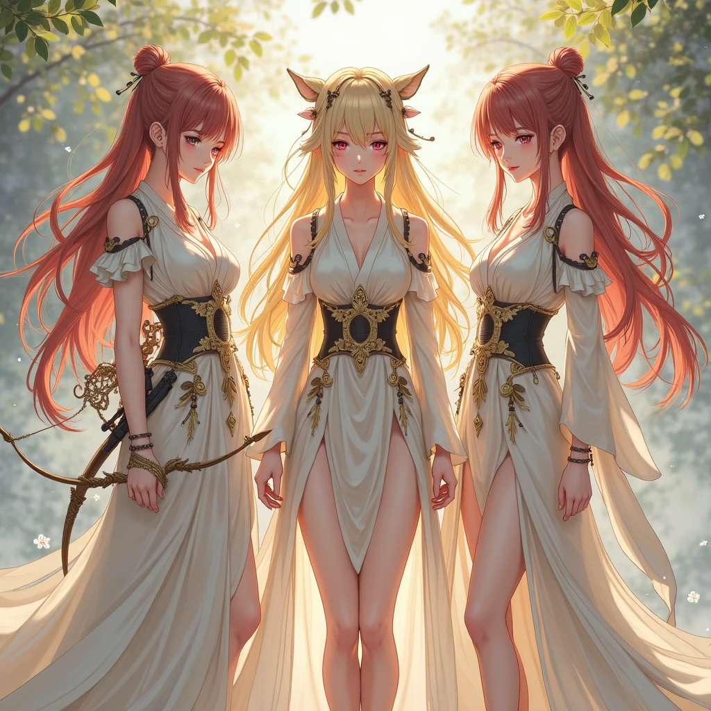 two beautiful young women, anime style, detailed faces, red hair, red eyes, delicate features, soft lighting, wearing elaborate fantasy costumes, standing together, ethereal and enchanting expressions, mystical forest background with glowing plants and magical creatures, one holding a staff with a glowing crystal, the other with a flowing gown adorned with jewels, vibrant and inviting fantasy lighting, dynamic pose, Japanese anime style, high quality, highly detailed, 8k resolution, cinematic lighting, best quality, vibrant colors, Instagrammable, aesthetic, trendy