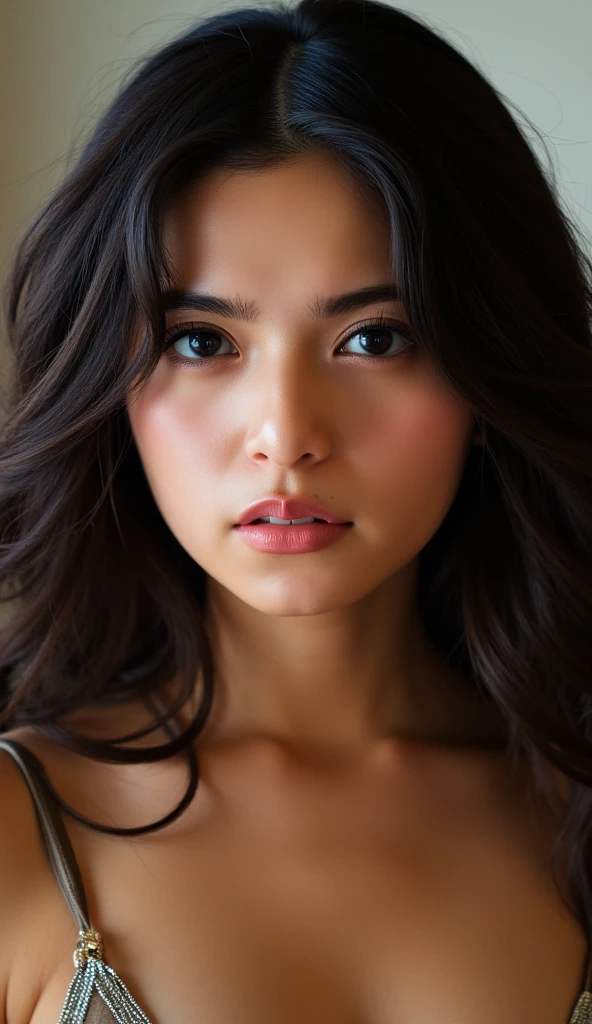 [[((young attractive Singaporean woman with strong Chinese Asian influence, a brown tanned complexion, long straight dark black hair, striking almond-shaped dark brown eyes, and a  frame:1.6)), ((Sophie Tan:1.5)), standing against a plain white background in a close-up, shoulders-and-above shot. She has a neutral expression suitable for a passport or ID photo. Her hair is styled neatly, framing her face. The focus is on capturing extreme human-like details, including skin texture, hair strands, and eye clarity. The scene is captured with a ((full-frame DSLR:1.4)) using a ((85mm prime lens:1.4)) to keep Sophie in sharp focus. Professional studio lighting enhances her natural features and adds depth to the image. Post-production ensures a clean, polished look with enhanced natural colors. The image should be in ((8K resolution:1.5)) with ((hyper-realistic detail:1.6)). The focus is entirely on Sophie's facial features, capturing her essence perfectly in a passport/ID photo setting.]]