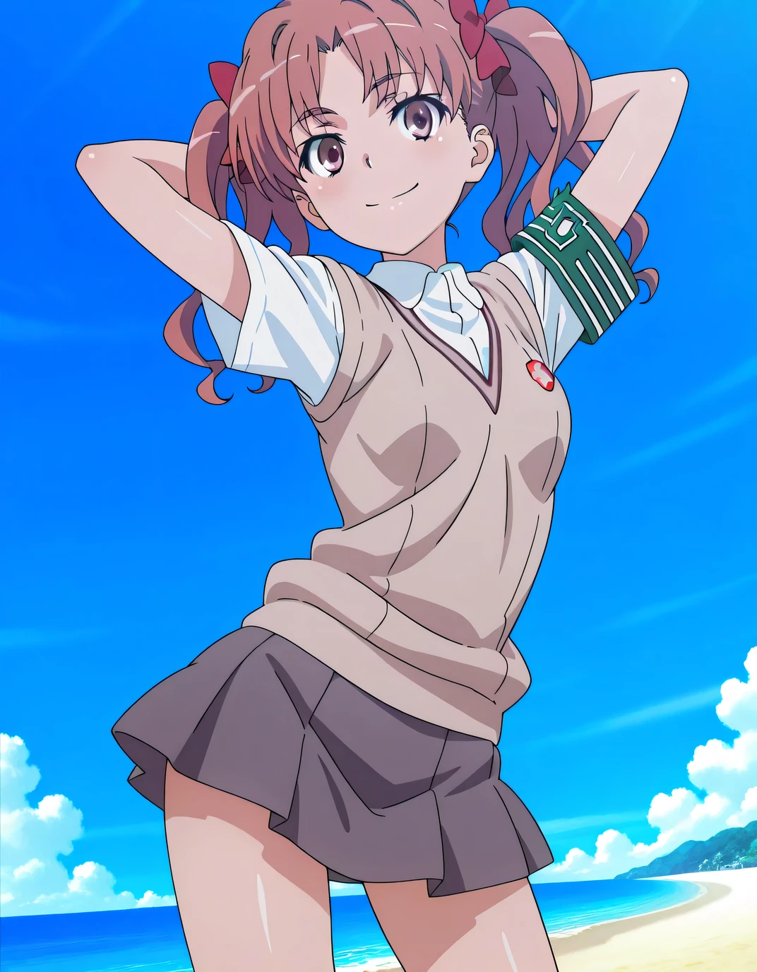 Shirai Kuroko,
long hair,pink hair,wavy hair,twintails,hair bow,red bow,hair ribbon,red ribbon,parted bangs,pink eyes
tokiwadai school uniform,brown sweater vest,white shirt,collared shirt,armband,short sleeves,small breasts,miniskirt,grey skirt,pleated skirt, anime screencap, shiny skin, solo, night sky, beach, hands behind head, ((contrapposto)), closed mouth, cowboy shot, looking at viewer, smile, best quality