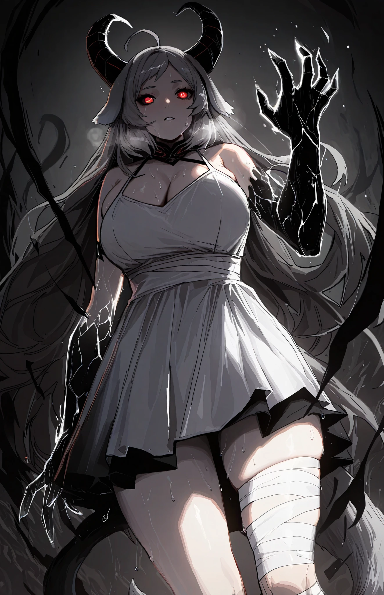 (No-kan-style:1.4), (Gogalking-style:1.2), masterpiece, high quality, absurdres, best quality, very aesthetic, newest, dramatic light, chiaroscuro technically, contrasting color, dynamic composition, anatomical correct, HD, 4K, digital art, trending on ArtStation, gasping, heavy breathing, excessive sweating, sweating, sweating profusely, gasping profusely, cinematic, ((skindentation)), ((voluptuous)), long hair, grey hair, red eyes, dog ears, dog tail, bright pupils, (aura), (black aura:1.2), 1girl, breasts, horns, glowing, dress, white_dress, solo, cleavage, bandages, bandaged_leg, glowing_eyes, looking_at_viewer, ahoge, parted_lips, glowing_eye, monster_girl, colored_sclera, black_sclera, black hands, shadow, shadow hands,