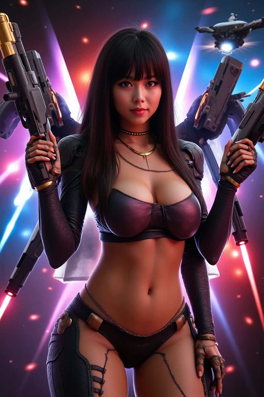 there is YoRHa No. 2 Type B , 3 d neon art of a woman's tall amazon body, neon-noir background, cyberpunk femme fatale, seductive cyberpunk dark fantasy, cyberpunk strip clubs, cyberpunk 20 y. o model girl, oppai cyberpunk, banner, high definition cgsociety, cgsociety masterpiece, trending on cgstation, kda, random hair, looking at camera, gigantic breasts, cleavage, (high detailed skin:1.2), 8k uhd, dslr, super lighting, high quality, film grain, high res, highly detailed, hyper realistic, beautiful face, beautiful body, beautiful eyes nose lips, alluring expression, very bold, upper visible, full body photo, standing legs apart, pale translucent glowing skin, most beautiful face, cute, (well defined pubic hair:1.2)), (dark plain black background:1.4))