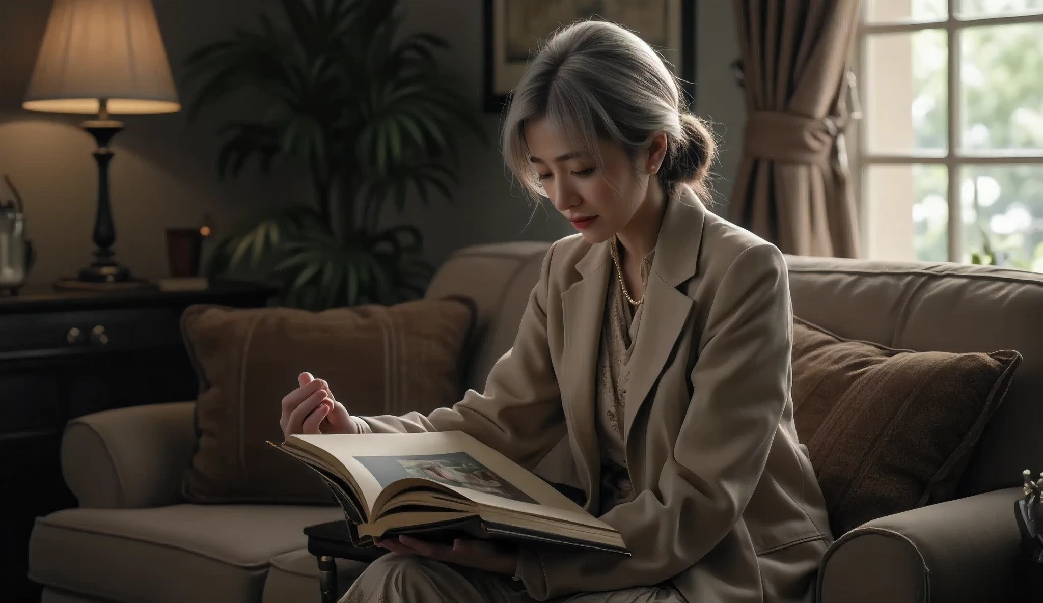 Japanese woman in her 70s wearing chic clothes looking at an album