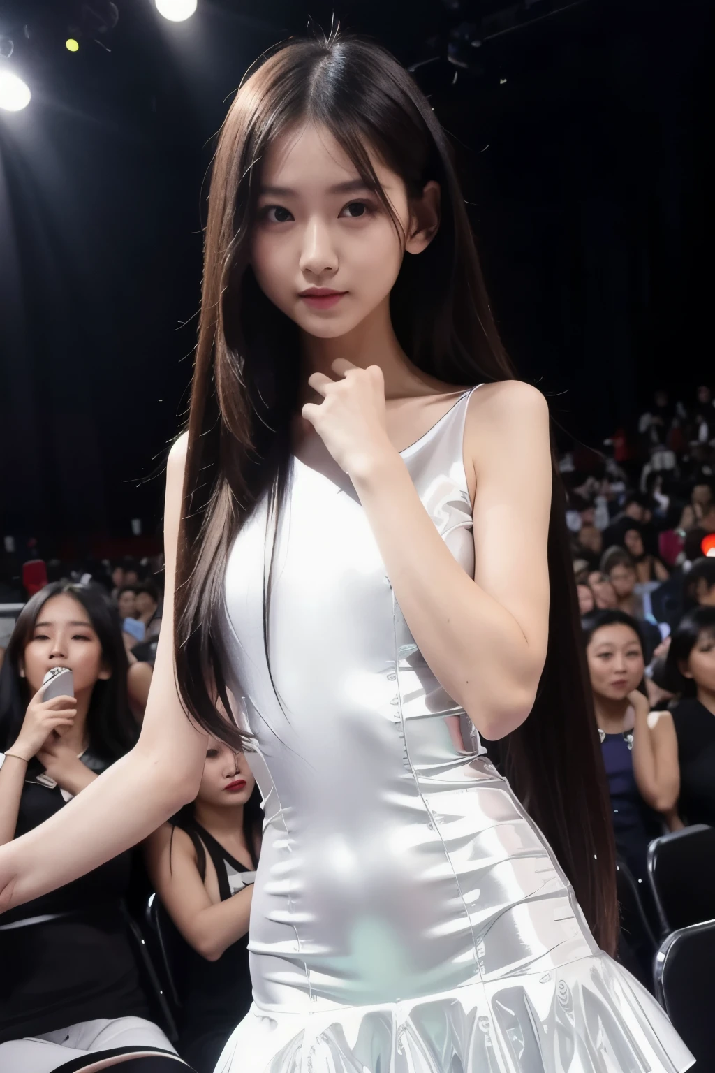 masterpiece, Highest quality, Idol,Long Hair,alone, nice, Realistic,Cute Smile,Look forward,Mini stage costume,Chisato Moritaka style one-length bodycon,Straight Hair,