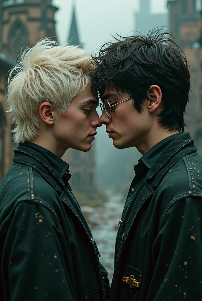 Draco Malfoy and Harry Potter kissing tenderly 