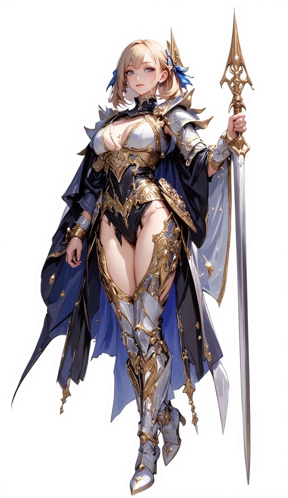 (Masterpiece:1.5,Top Quality:1.3,Amazing Quality:1.3), (Anime Character), ((nsfw)), Solo, Full Length, Chiara, 1 Girl, ((Sexy cute woman:1.5)), White Skin, Silver Gauntlets, Silver Boots, Western sexy Armor, Shining Clothes, gleaming decorations, ((with big spear type weapon:1.6)), (sexy&fighting pose:1.2), (Wielding a weapon:1.5),pulsatile, The best of the Middle Ages, Female warrior, ready to fight, glamorous, blond hair, gothic dress, muscular body, sophisticated and glittering medieval armor, beautiful, very precise and delicate animation, vivid colors, unreal world, fantasy delusion, ((full body view)), (((not background, White background))),