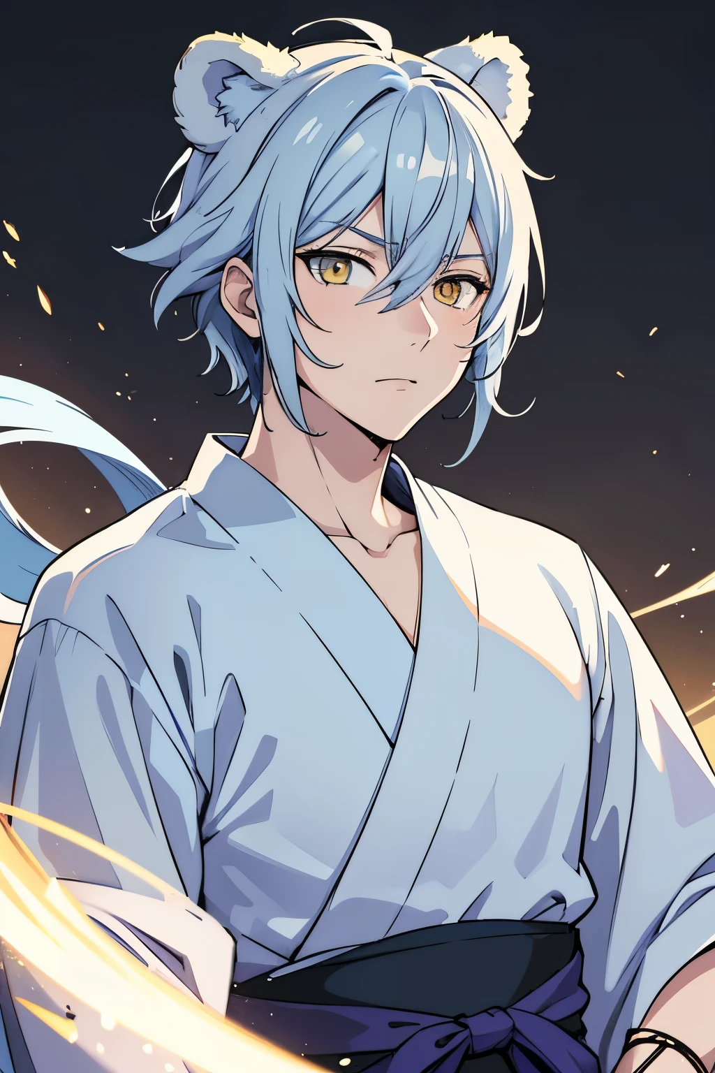 masterpiece, best quality, highres, portrait, anime, male, 1man, light blue hair, white hakama, yellow eyes, no background, bear ears.