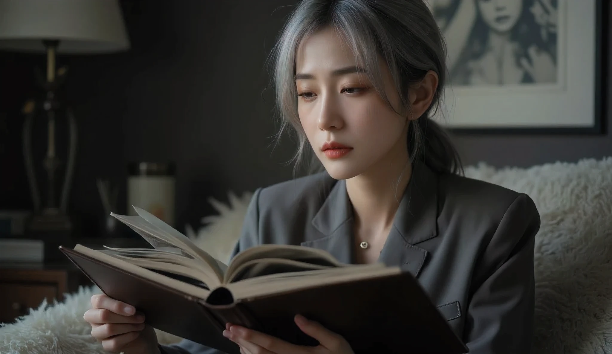 Japanese woman in her 60s wearing chic clothes looking at an album