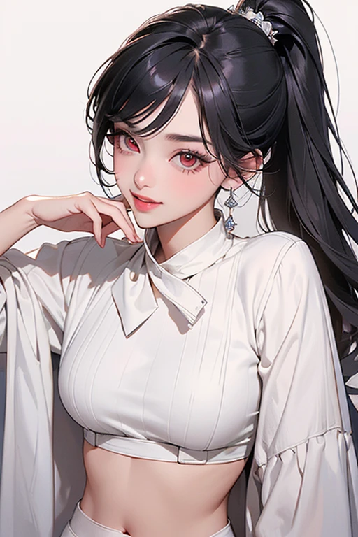 shirt，Ponytail, Black Hair, Red Eyes, Perfect lips , Confident smile,Sexy expressions, Cute face, White clothes, Random pose, Extremely detailed face, Long eyelashes, Sharp eyes , full-body shot, Dynamic Viewer, Night Sky , dynamic view, Different perspectives,Large Breasts,Cleavage，pendant, Naughty,Curvy body,