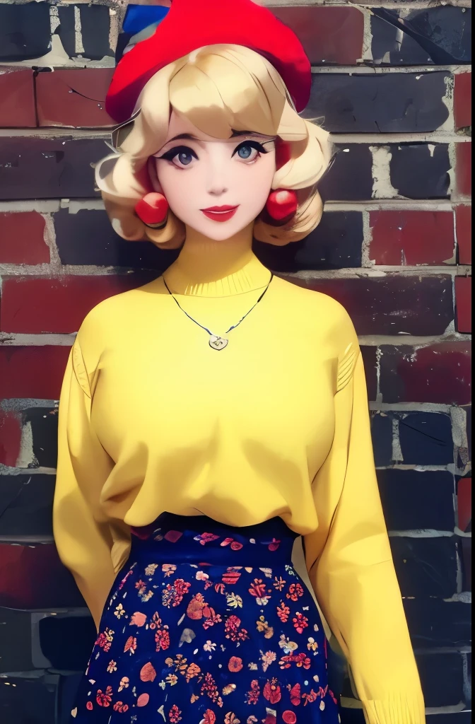 arafed woman in yellow sweater with red and blue pom poms, young beautiful amouranth, 1950s vibes, amouranth, 1 9 4 0 s haircut, dressed like in the 1940s, better known as amouranth, eleven from stranger things, inspired by Vint Lawrence, 1 9 3 0 s haircut