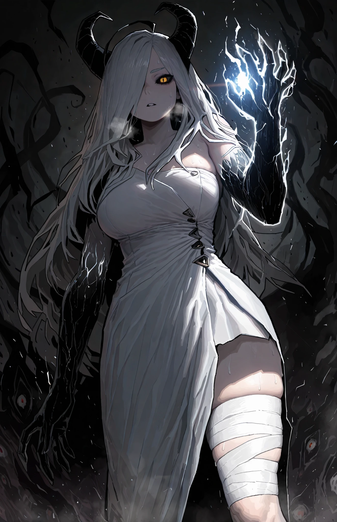 (Luxu-style:1.4), (Gogalking-style:1.2), (Kohei Horikoshi, My Hero Academia), Masterpiece, high quality, absurdres, best quality, very aesthetic, newest, dramatic light, chiaroscuro technically, contrasting color, dynamic composition, anatomical correct, HD, 4K, digital art, trending on DeviantArt, perfect body, perfect eyes, makeup, detailed eyes, perfect fingers, gasping, heavy breathing, excessive sweating, sweating, sweating profusely, gasping profusely, cinematic, ((skindentation)), ((voluptuous)), omi-san, long hair, yellow eyes,slit pupils,hair over one eye, one eye covered,white hair, bright pupils, (aura), (black aura:1.2), 1girl, breasts, horns, glowing, dress, white_dress, solo, cleavage, bandages, bandaged_leg, glowing_eyes, looking_at_viewer, ahoge, parted_lips, glowing_eye, monster_girl, colored_sclera, black_sclera, black hands, shadow, shadow hands,