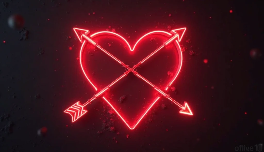 ((Hyperreal)) a red neon heart being crossed by a neon coral arrow , completely dark background