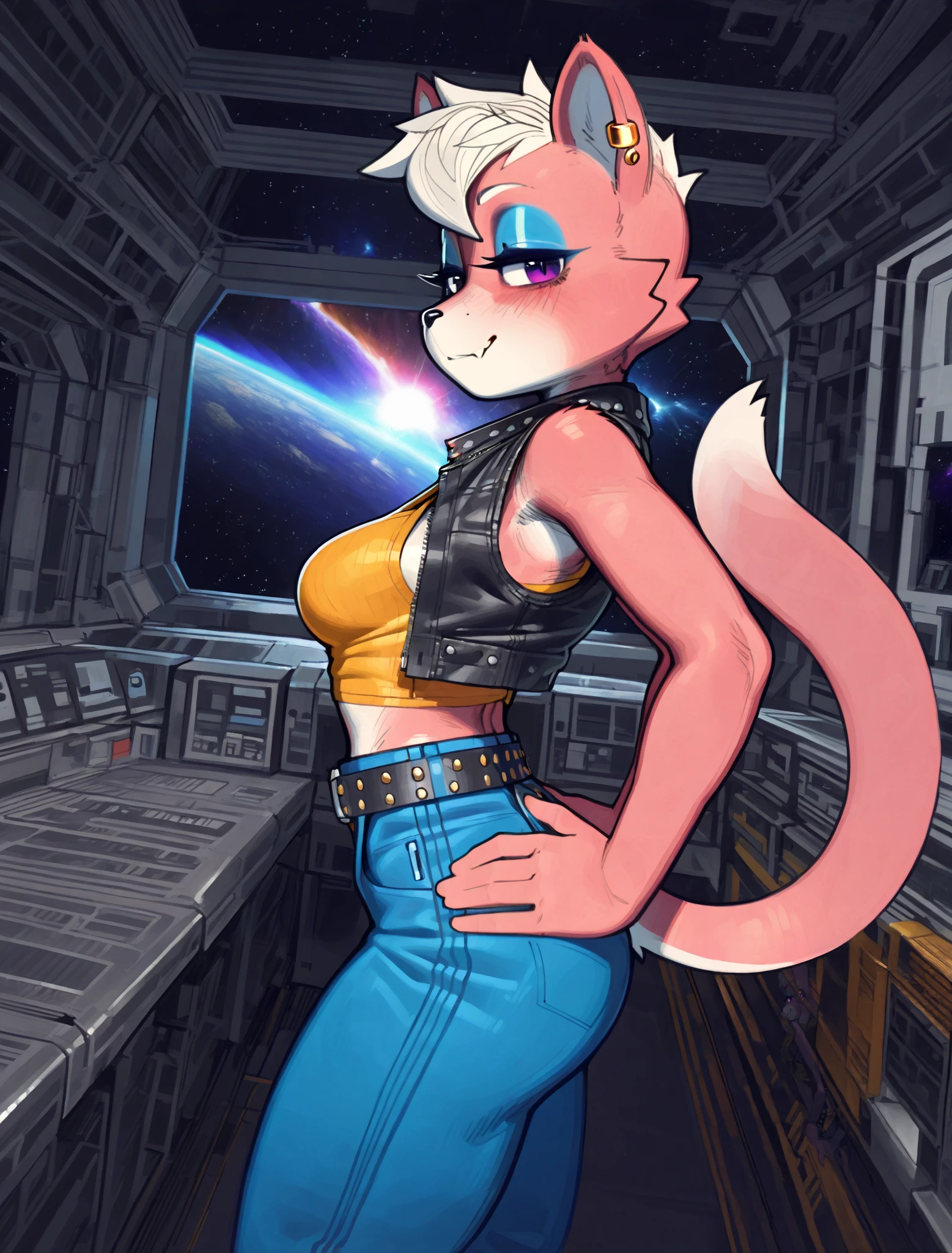 (masterpiece), ((perfect anatomy)), (high Res), (4k), bandicoot, green eyes, blonde hair, huge breast, wide hips, (((pink space suit))), happy, (Fortnite artstyle), (((solo))), narrow waist