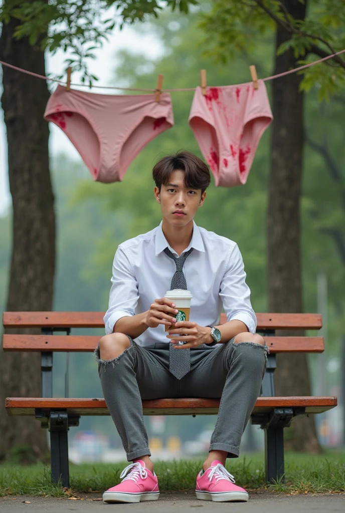 Realistic、beautiful、1boy、 Japanese male、Handsome、Completely naked、Full nudity、Sad look、Hide your crotch with both hands、Inside Starbucks Coffee、Next to me is a fat old man in a suit