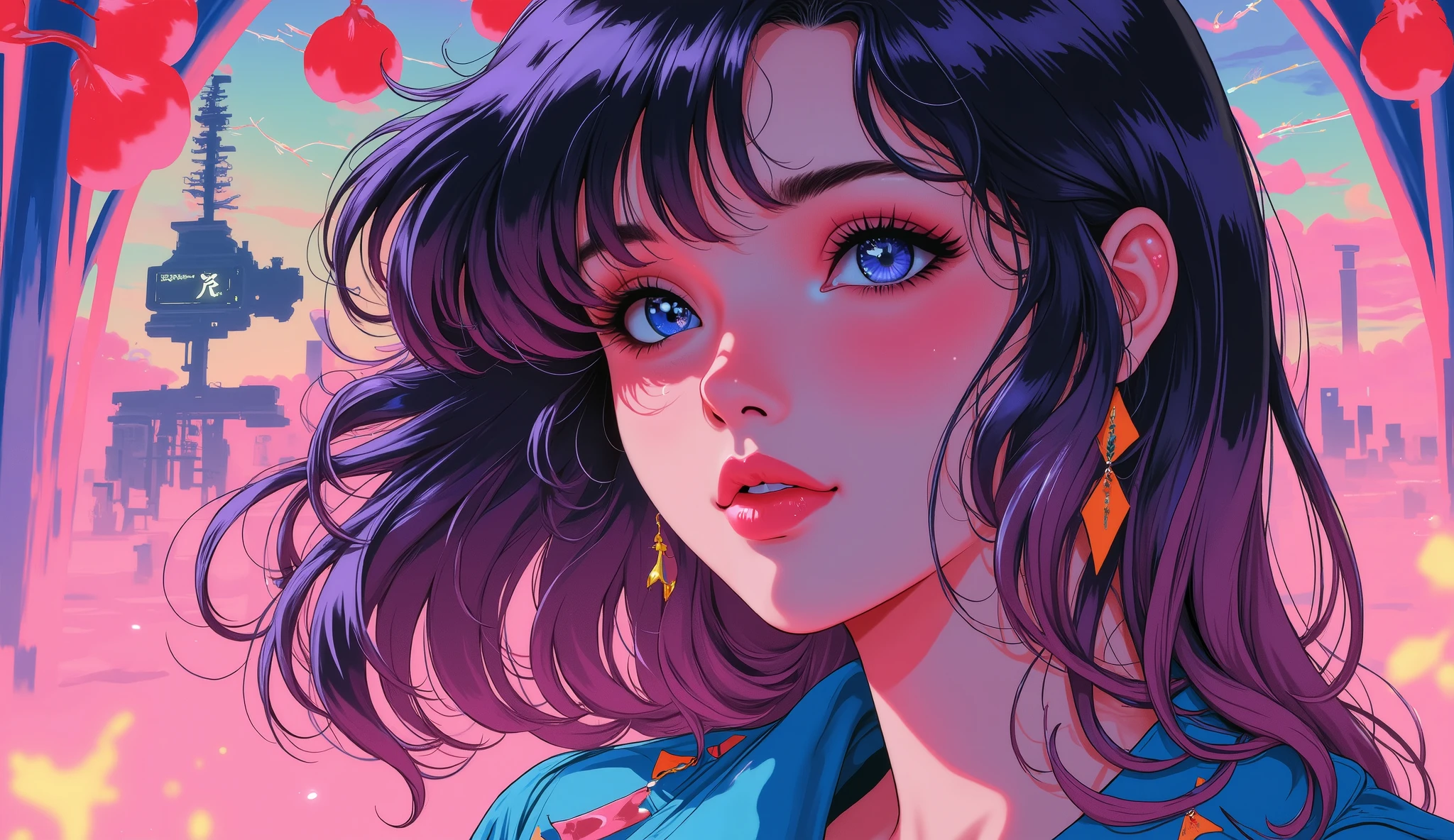 (( RAW photo),  absurd, (absurd resolution)), masterpiece,  best quality, (Extremely detailed 8k unity CG wallpaper), (best illustration), ( best shade), Realistic lighting,  skin complexion detailed and beautiful shine, (( 21 years old)), chica, Long hair with fire pink, flores, Huge blue fire, red lipstick, (((Photographic perspective of her))), anime retro