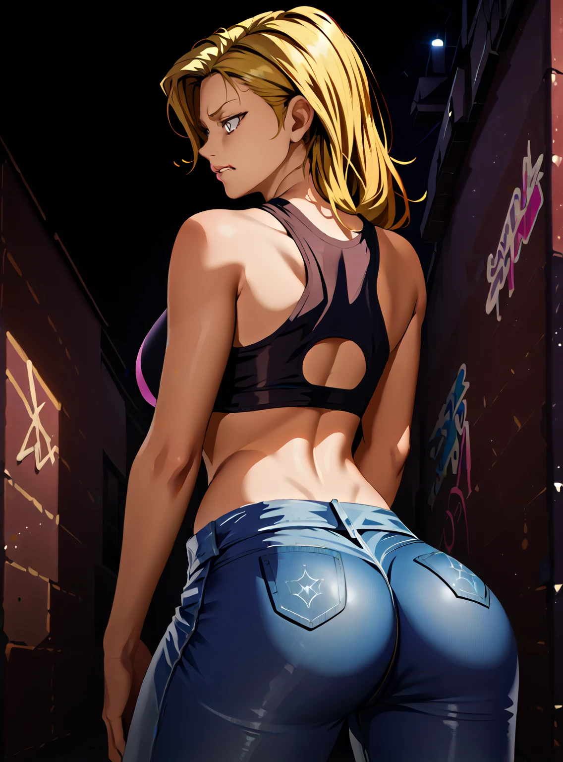 (back, from behind, long blonde hair, medium breasts, wide hips, malicious)), ((pink lipstick, Extremely detailed, ambient soft lighting, 4k, perfect eyes, a perfect face, perfect lighting, a 1girl)) austere, ((malicious, (sports bra), jeans, short shorts, unbuttoned shorts)), night sky, clouds, erotica, lots of erotica, (graffiti alley, graffiti walls, in an alley, night, moonlight, starry night) (ager, )