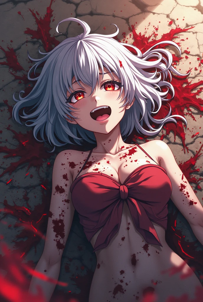 Best Quality, (Masterpiece:1.2), High Detailed, Cat Ears, 1girl, solo, tojo koneko, looking at the viewer, closed mouth, light smile, red eyes, white hair, short hair, hair decoration, cleavage, black neckband, erotica, sleeveless, (whole body, close-up), bare legs, (((bloody, scared, blood, evil))), healthy skin, ((seated)), ((bra)), ((punished, punishment, pain)), (prison cell)