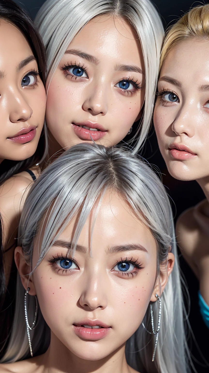 Three Girls, High resolution, blue eyes, accessories, Colorful Hair, Earrings, Large Breasts, Sparkle Effect, abstract, 3D Rendering, 8k octane, abstract表現主義,