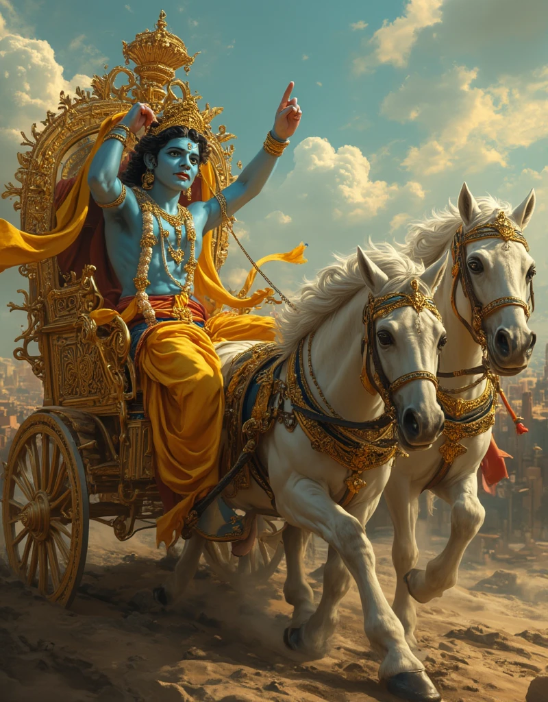 Epic Oil Painting, Krishna and Radha, celestial chariot
Golden chariot, intricate carvings, flying through clouds
Krishna: blue-skinned, regal pose, holding reins
Radha: radiant beauty, seated beside Krishna, flowing hair
Soaring horses, seven white steeds, ethereal manes
Dramatic sky, sunset hues, streaks of divine light
Billowing fabrics, vibrant colors, ornate jewelry
Chariot wheels, cosmic symbols, spinning motion
Heavenly landscape below, glimpses of earthly realm
Dynamic composition, sense of movement and speed
Devotional gaze between Krishna and Radha
Peacock feathers, flute, symbolic elements
Hyper-realistic details mixed with divine aura
Majestic scale, epic proportions
Swirling clouds, creating depth and atmosphere
Shimmering gold accents, divine radiance
Emotional intensity, love and adventure combined