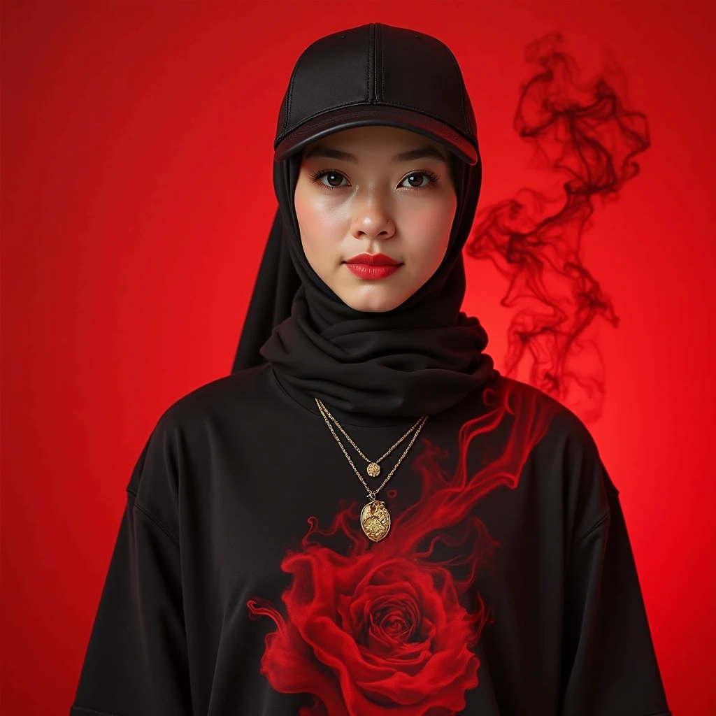 a beautiful 17 year old girl.wearing a black hijab and a black cricket cap.and wearing a black t-shirt covered with a red suit.wearing a bracelet,necklace.divine red background decorated with thin smoke.displays " beautiful " his clothes.detailed creation.capital bold font