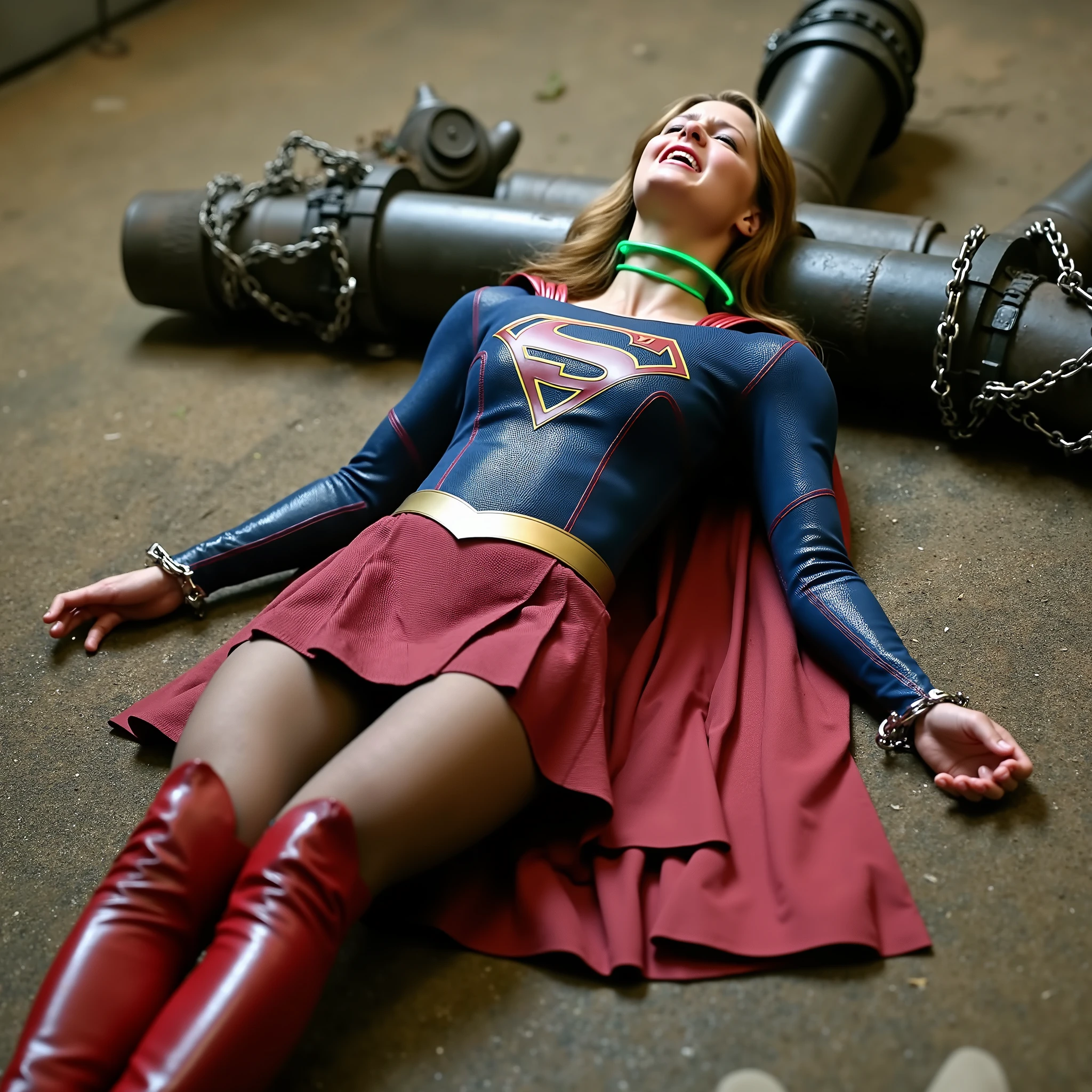 Melissa Benoist as Supergirl, the Supergirl lie flat on the ground, her hands is handcuffed behind her back with chain, a green lighting chain around her neck, She is wearing a Supergirl costume with red skirt, pantyhose and red knee height boots, she is screaming in pain, bright spotlight focus to her body, in the jail,