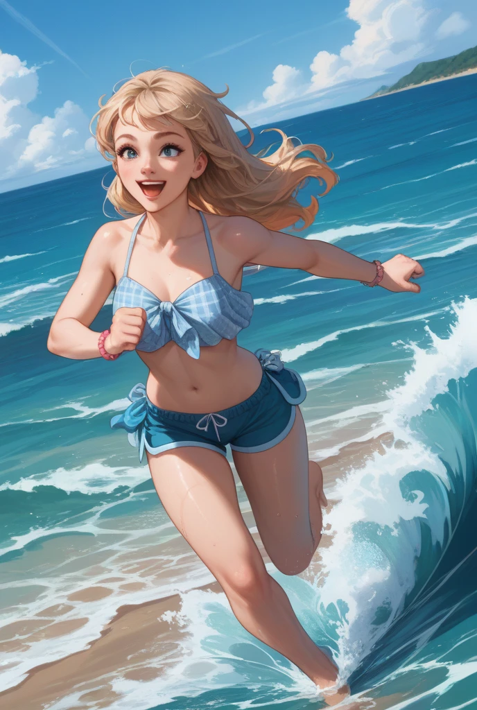 (best quality,4k,8k,highres,masterpiece:1.2),ultra-detailed,(realistic,photorealistic,photo-realistic:1.37),lively beach scene,some lovely women in small swimsuits,energetic volleyball game,high action,lots of fun,natural lighting,colorful beach umbrellas,fine sand,dynamic poses of players,vivid blue sky,coastal landscape,refreshing ocean breeze,joyful expressions,beach volley net and poles in the background,splashing water droplets,happy atmosphere,beach accessories like sunglasses and beach balls,summery vibes,beachside palm trees swaying in the wind,playful shadows casted by the players,beach towels and sunbeds on the side,exhilarating sports activity