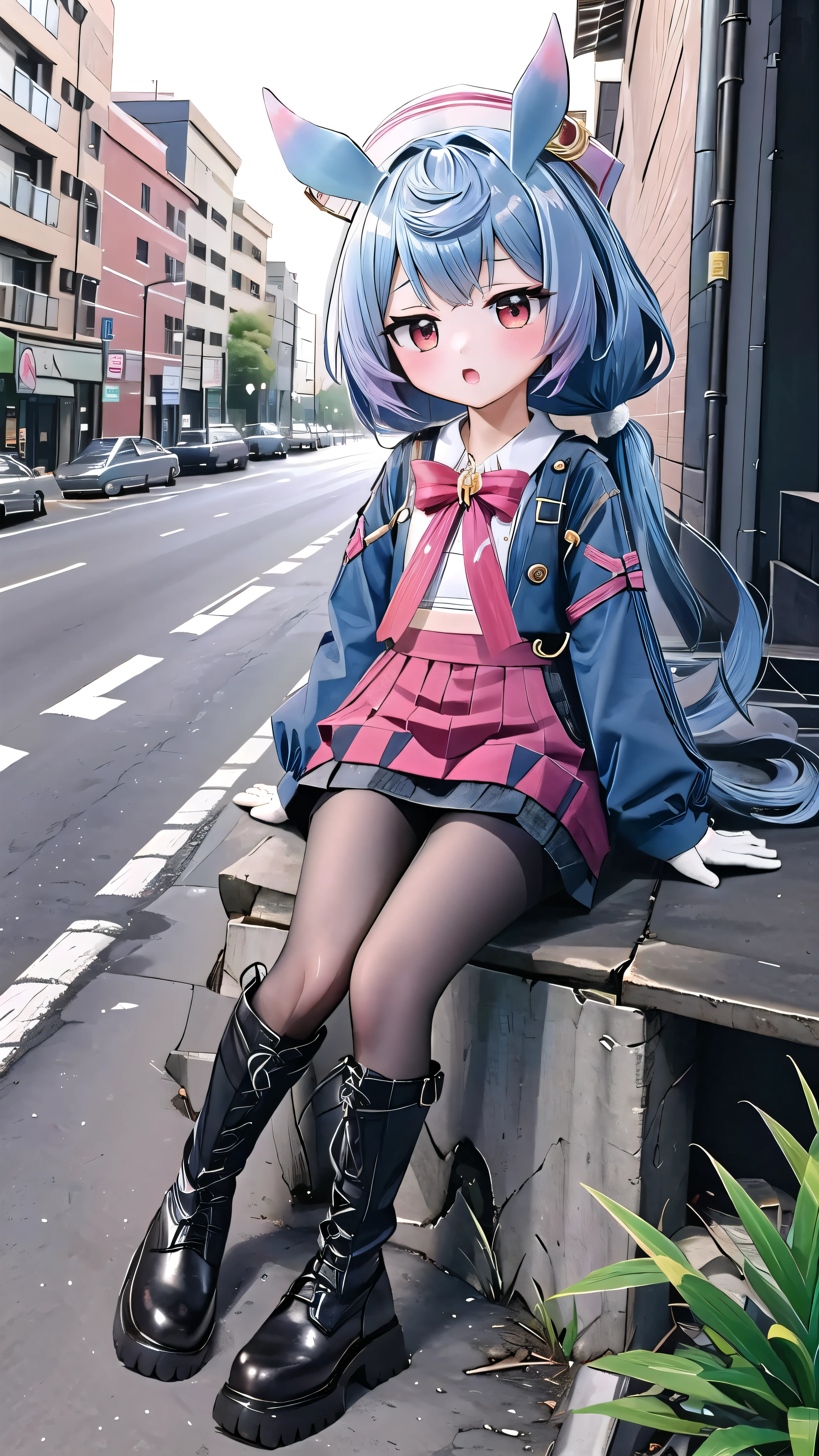 ( masterpiece, best quality, high resolution, super detailed:1.2), (alone, 1 Girl), rest, Gypsy, red eyes, blue hair, Low double ponytail, animal ears , have, long sleeve, Gloves, skirt, white pantyhose,white lace-up boots, Shut up, blush, (Sitting:1.3), full body shot, City Street