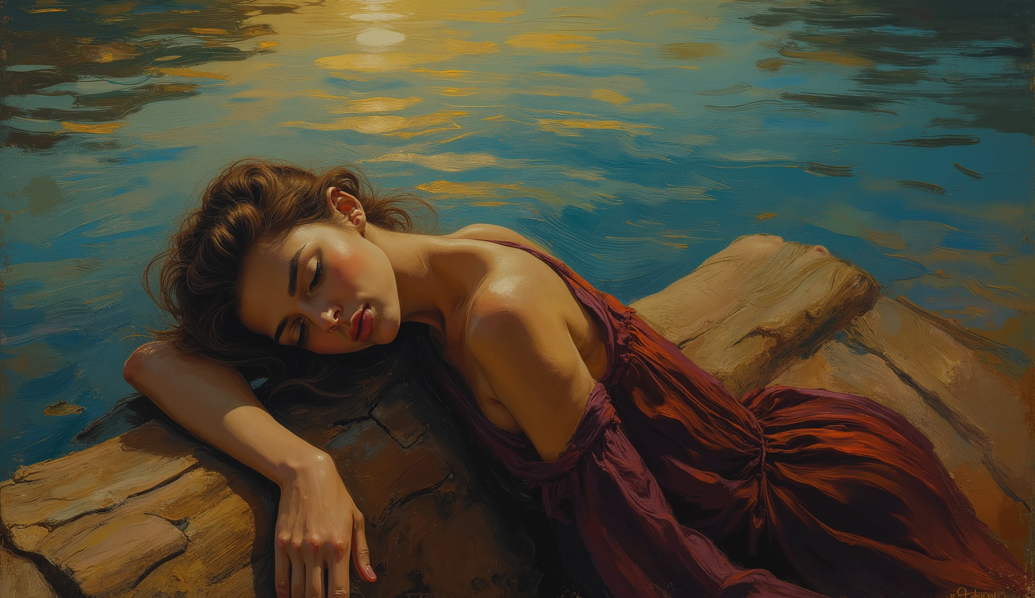 Exquisite (slim (skinny)) Girl (with a perfect, very beautiful gentle face and almond-shaped eyes) (with a southern skin tone and soft lips) (with amber hair) (with freckles) (costs (waist-deep in water)) ((nude)) (with tender (small beautiful breasts)) ((with soft pink nipples)) (barefoot) In the middle of a big river (((and pees in the water))); ((Sunset Evening Amber Light)), (((backlighting, backlight, against the light of the setting sun, silhouette))), ((caramel soft warm shades)); (Warm summer late evening), ((Warm sunset light)); draw ((in watercolor style)); ((very beautiful exquisite face)); (high image quality, high detail), ((discreet faded shades, pale expressionless colors, imitation of film photography, diffused soft light)); ((big alien eyes), skinny); ((delicate shades)), (sfumato)