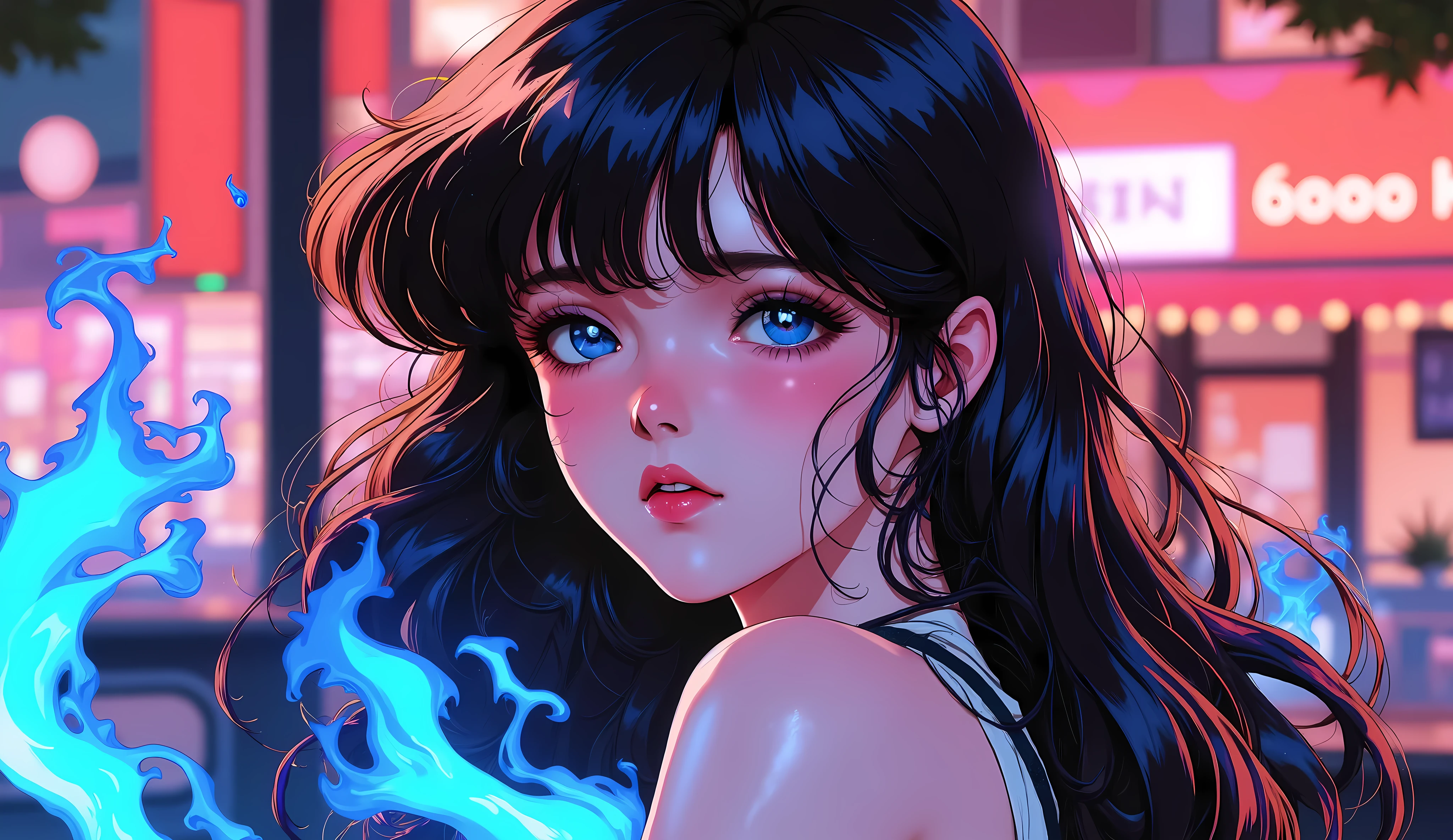 (( RAW photo), absurd, (absurd resolution)), masterpiece, best quality, (Extremely detailed 8k unity CG wallpaper), (best illustration), ( best shade), Realistic lighting, skin complexion detailed and beautiful shine, (( 21 years old)), chica, Long hair with luces de neon, flores, Huge blue fire, red lipstick, (((Photographic perspective of her))), anime retro