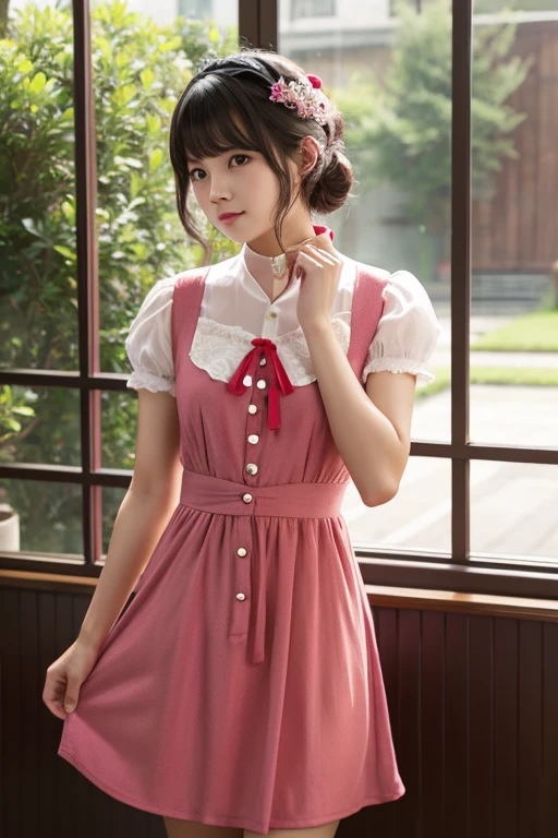 ((sfw: 1.4)), (sfw,She is wearing a long white embroidered skirt, a red blouse with lace, a white apron tied around her waist, blue socks, and brown leather shoes.A blue scarf is on her head. Yes, her accessories include necklaces, earrings, and bracelets. 1 Girl)), Ultra High Resolution, (Realistic: 1.4), RAW Photo, Best Quality, (Photorealistic Stick), Focus, Soft Light, ((15 years old)),  ((Japanese)), (( (young face))), (surface), (depth of field), masterpiece, (realistic), woman, bangs, ((1 girl))