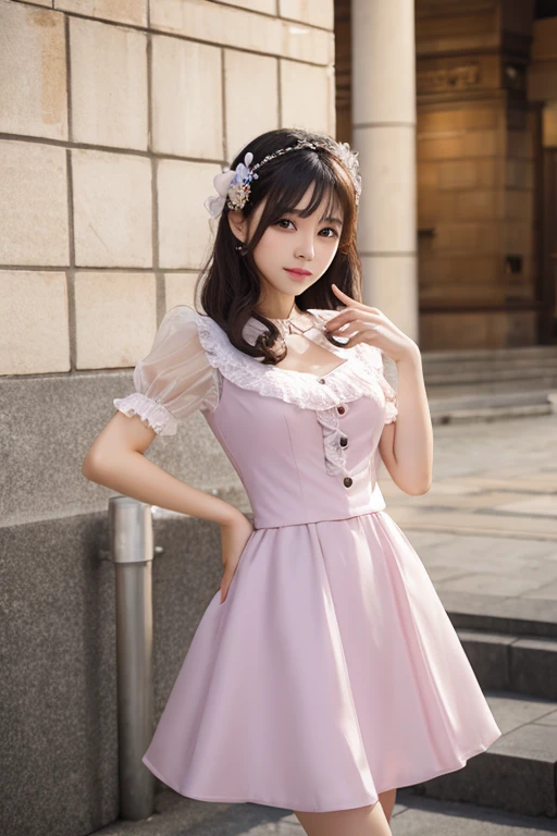 Amazing details, 8K Photos, Hyperrealism, Professional Light, Realistic Background, Visual depth, Background blur, Wide-angle lens, whole body, (13 years old, cute, change, Flat Chest, Cat ear), One girl, Colored eyes, Blonde, (Lolita fashion: 1.5), (race, Frilled shirt, White petticoat, sneakers), (stuffed toy), pink cute backpack, street, fashion