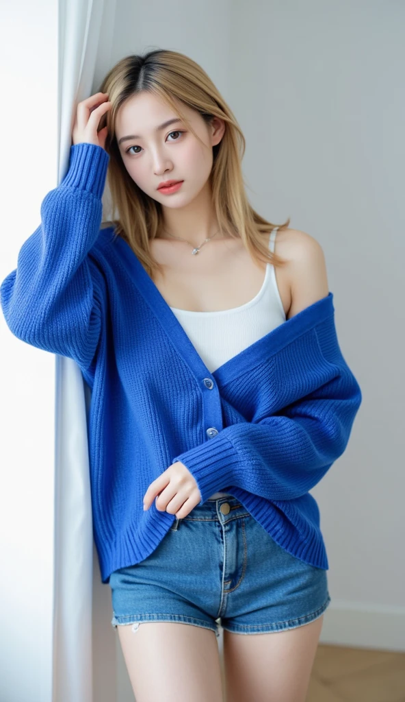 highest quality, Photorealistic, Very detailed, finely, High resolution, 8K Wallpaper, Professional, High level of detail, ((One 18 year old girl:1.2)), Slender Japanese women,Pretty lips, (Long eyelashes:1.2)、Detailed clavicle, Perfect Face, (Cute short bob hair:1.5),Top Quality，Ultra-clear resolution，Clear Eyes，Sunburned skin，Perfect breasts，have perfect legs，Focus on the legs，On the bed in a long flared skirt，Dimly lit bedroom、As if inviting him、wearing knit sweater & miniskirt, (Flirtingly lifting her skirt to show her panties:1.5)