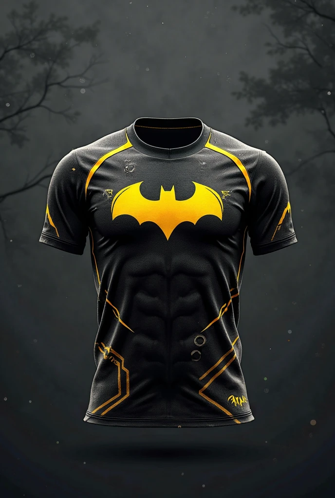 make this batman bat smaller and place it on the right side of the chest. And please add a transparent batman design on the bottom area of the shirt.. Leave a sporty essence for school games. Show the complete shirt please.
Keep these details in the black part, add lots of yellow details to the shirt, make this bat smaller and place it on the right side of the peoto. Don&#39;t forget to leave the essence of sports jersey for school games. Make it really eye-catching, Although, don&#39;t turn it into a cosplay, leave the sporty. Make a shirt that would make everyone look at you with envy, maintaining the sporting essence.

DO THE FRONT PART