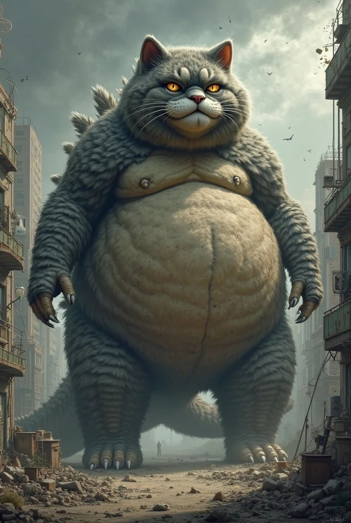 Giant fat Cat, full body, outdoor, by Zdzislaw Beksinski, cinematic still, (best quality, masterpiece), very aesthetic, perfect composition, intricate details, ultra-detailed, vivid colors