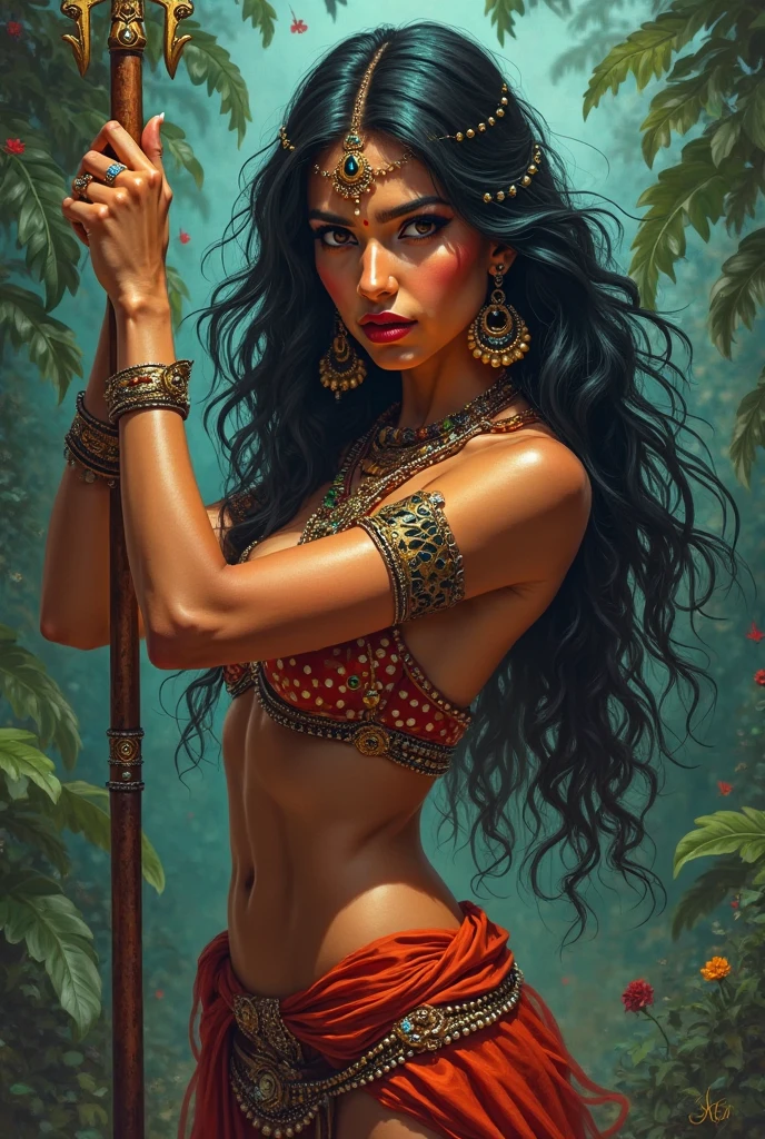 a female body of a young Indian woman, deliciously sculpted by the exuberant nature of the wild Amazon. she bathes without worrying about the jaguar drinking water next to her.
