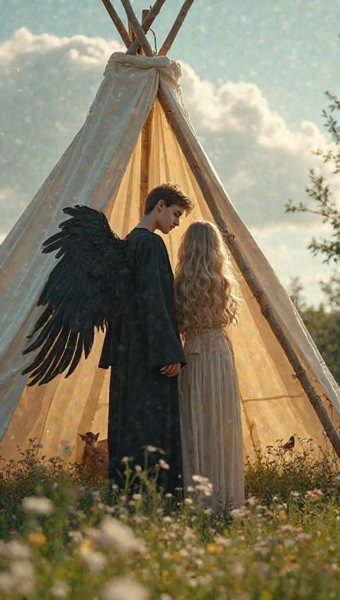 a human sized crow with a young white man face spreading wings, holding a young white woman with a long braided gray hair and dressed in muted blue flowing dress from the 19th century