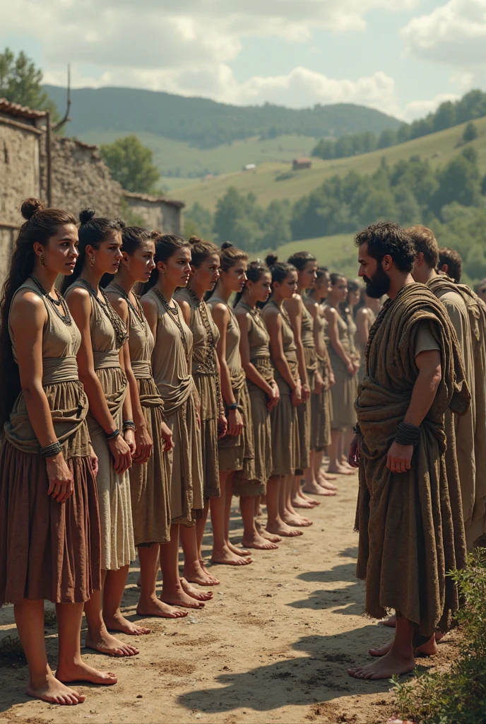 ancient greek women running away, behind them ancient roman soldiers
