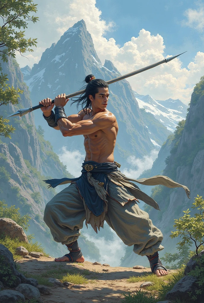 Young man training, Punching a tree, on top of a mountain with lightning around and heavy rain