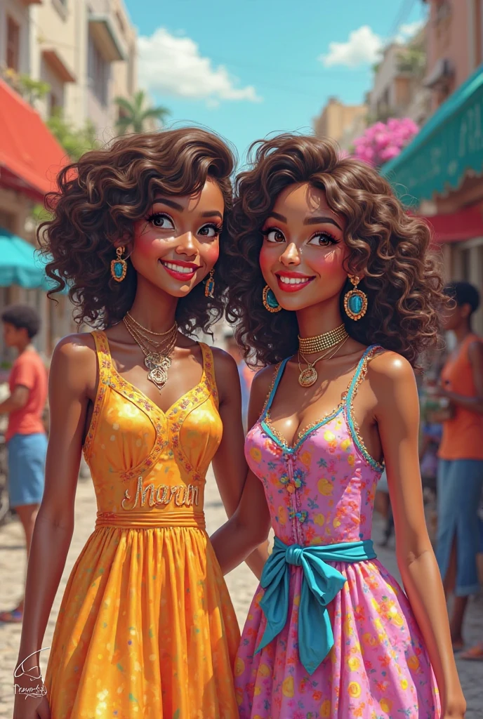 créer une image deux copines voulant mettre en valeur leur beaux cheveux crépus, elles sont des afro haïtienne, avec des perles, charbonniers, boucles d'oreilles ankh, habits traditionels folkloriques. Elles sont assises dans un restaurant très coloré en Haiti beaux tableaux sur les murs, des plats creoles haitienne. Serveuse très coquette