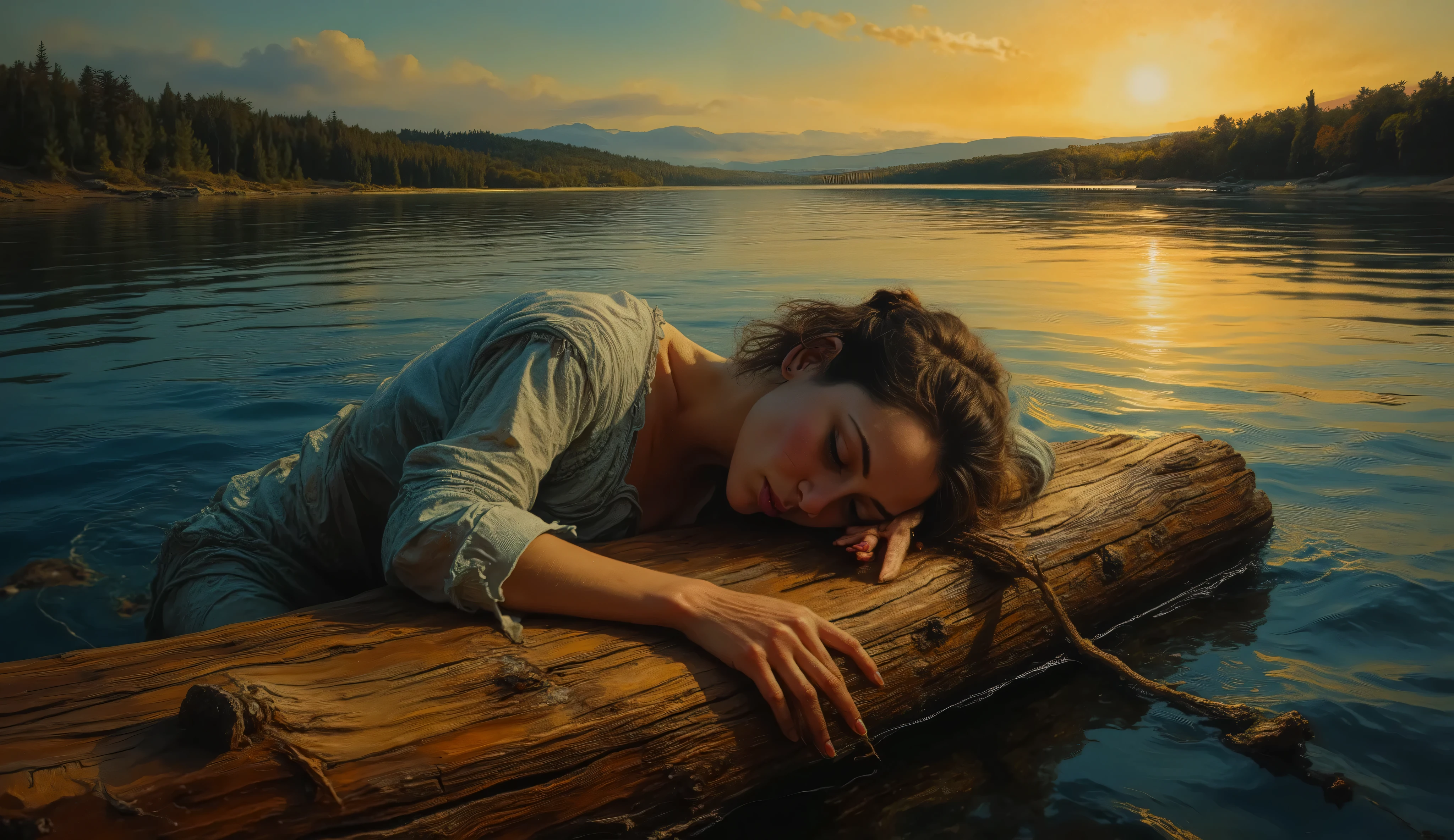 an oil painting of a young woman succumbing to exhaustion on a wooden log by a lake, in the style of Edward Hopper, contrasting warm and cool tones, face relaxed in deep slumber, dramatic side lighting creating stark shadows, solitary melancholic atmosphere --v 5 --stylize 1000