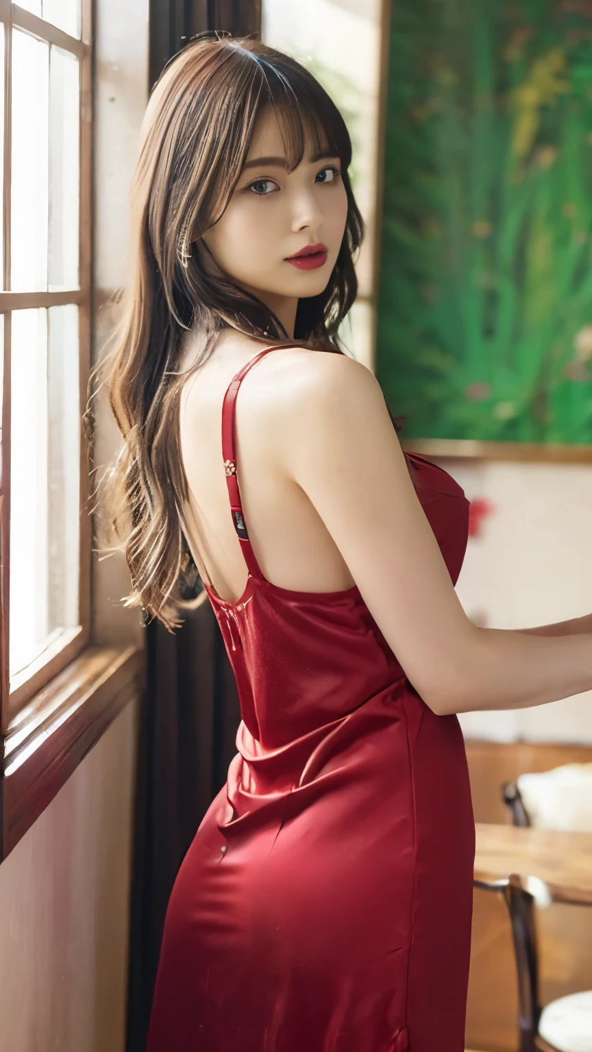 ((Highest quality, 8k, masterpiece: 1.3, RAW photo)), sharp concentration: 1.2, (1. AESPA Girl: 1.2), (realistic, photo-realistic:1.37), (facial focus: 1.1), pretty face, big breasts, Big Breasts, disheveled hair, ( red long dress:1.2),garter belt,from below, Beautiful Woman Standing By A Window With The Morning Sun Shining In, Cinema Lighting, (An elegant and very gorgeous dress),
