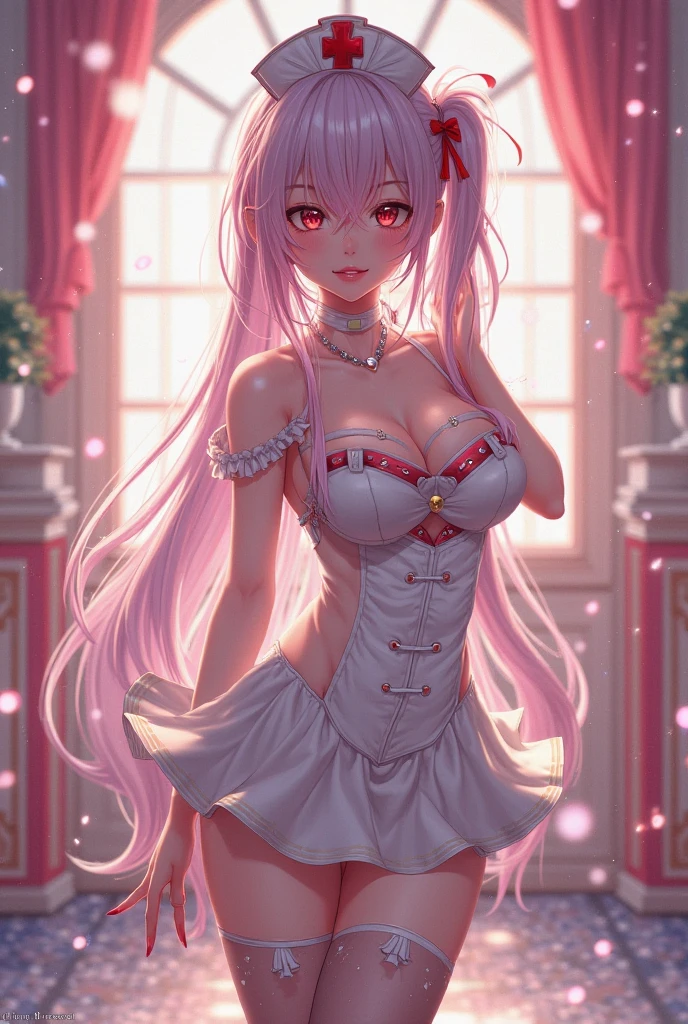 1girl (masterpiece, round_iris, extremely crisp crystalline shiny purple eyes, perfect_anatomy, extremely_captivating_hypnotic_mystic_eyes,) perfect face, long pastel pink hair, smiling evil, big breasts, pink dress with hearts, ballons, roses, hearts, valentines day, reds and pinks, dynamic pose, gamer girl, gaming room, best quality, 4k