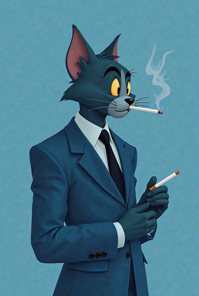 generates an image, of Tom and Jerry's cat, smoking, and not seeing the camera, but for profile picture, in blue suit, blue background. Style 2d, minimalist, UE el gato este smoking