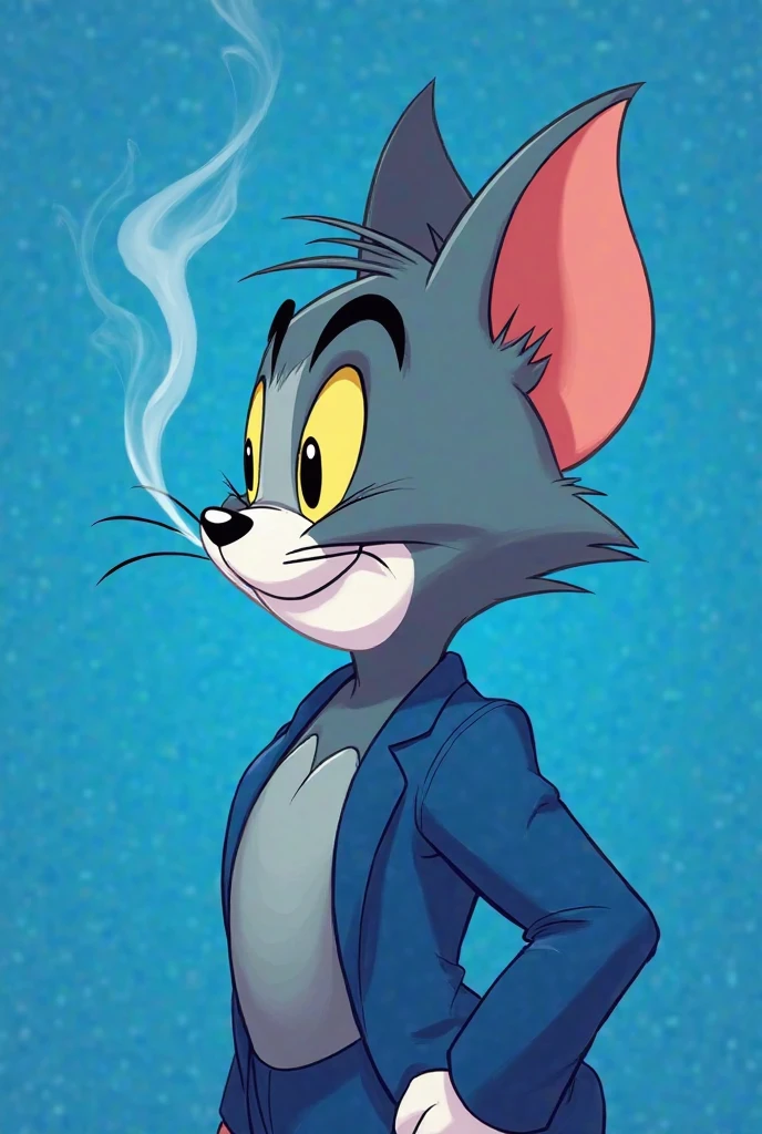 generates an image, of Tom and Jerry's cat, smoking, and not seeing the camera, but for profile picture, in blue suit, blue background. Style 2d, minimalist, que el gato este smoking, 1999 TV style, effect that gives it a low-resolution touch