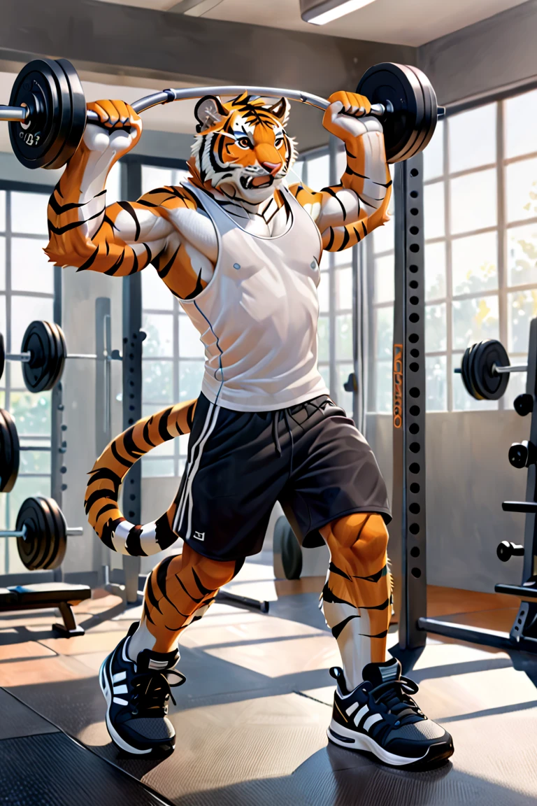 masterpiece, alone, furry siberian tiger,white fluff,Orange and crimson gradient texture,Strong,Micromuscles,abdominal muscles,black shorts,Simple blue and white vertical stripes on both sides of the shorts,Come on necklace,Handsome,light blue foot strap,big bag,8K,The tail is in front,Smile,Gym,Fitness Equipment,teenager,Sweaty,short hair,No clothes on the upper body,Teeth bite a'own tail,no small obstacles,,手上有Fitness Equipment