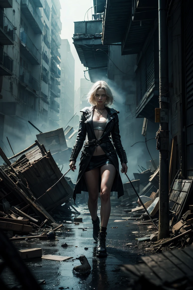 8K raw photo, Best quality, masterpiece, ultra high res, realistic, (photograpy:1.3), night, dark, 1girl, very long hair, ponytail, white hair, beautiful legs, tall female, skinny, slim_legs, thigh_gap, model, Genuine leather coat, bodysuit, sitting, In the world of Blade Runner 1982,Streets with towering skyscrapers,Neon lights, holographic projections, steampunk elements,Syd Mead,Cyberpunk,Digital painting,Futuristic cityscape,Vibrant, neon colors,Holographic projections, intricate details,High-definition, detailed, <lora:Blade Runner 1982:0.7>