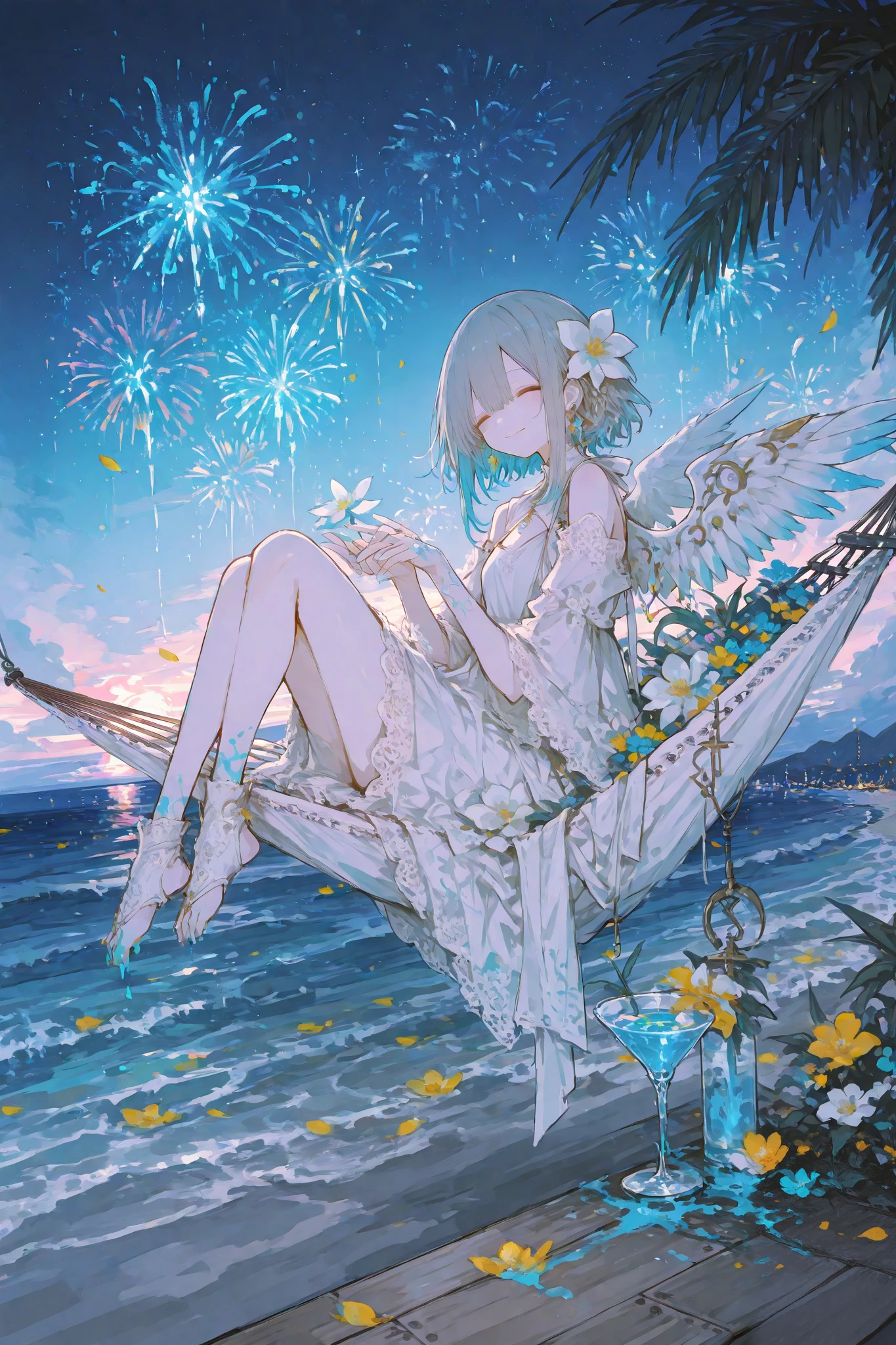 masterpiece, best quality, ultra-detailed, a graceful woman with angelic wings lounging on a hammock, her elegant white dress adorned with lace and floral accents, she holds a delicate cocktail glass in her hand, the drink is vibrant, filled with colorful flowers and a glowing blue liquid, her expression is serene yet playful, a subtle smile gracing her lips, as she glances off to the side, her wings are partially open, showcasing their soft feathers that reflect the gentle moonlight, the background is a tropical night scene, palm fronds sway gently around her, while vivid, blooming flowers frame the hammock, in the distance, fireworks burst in vibrant colors, casting a warm glow across the ocean waves, the sky is dark but filled with stars, adding a sense of romance and enchantment to the scene, her posture is relaxed and inviting, as if she is enjoying a peaceful evening, the combination of the serene environment and her graceful demeanor gives the image a dreamlike, idyllic feeling, the gentle breeze causes the hem of her dress to flutter, and petals seem to float around her, enhancing the sense of tranquility and charm, the overall atmosphere is a mix of elegance, relaxation, and a hint of celebration, as if she is enjoying a perfect tropical night under the stars.